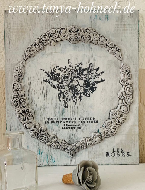 IOD Mould Swags, Paperclay und IOD Stempelmotiv mit Autentico chalk paint Kreidefarbe