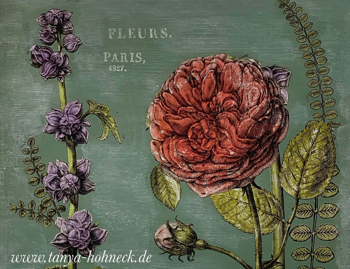 Werk einer Kursteilnehmerin IOD Transfer Botanicals Journal und Autentico chalk paint Vert Olive